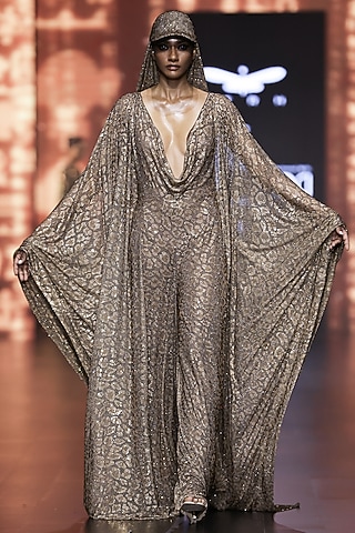 Brown Net Printed & Crystal Embellished Jumpsuit Kaftan by ITRH