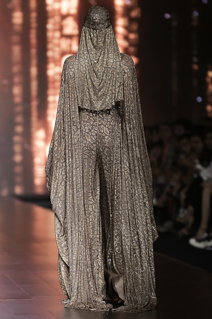 Brown Net Printed & Crystal Embellished Jumpsuit Kaftan by ITRH at Pernia's Pop Up Shop