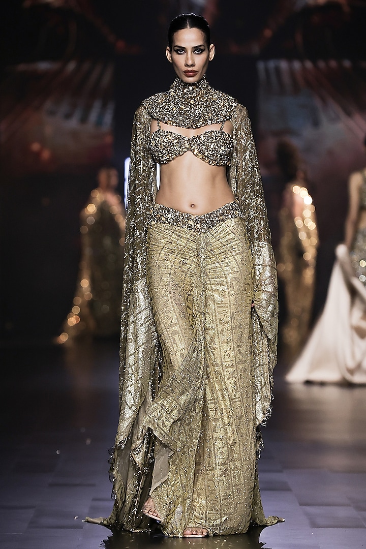 Gold Net Crystal Embellished Draped Skirt Set by ITRH