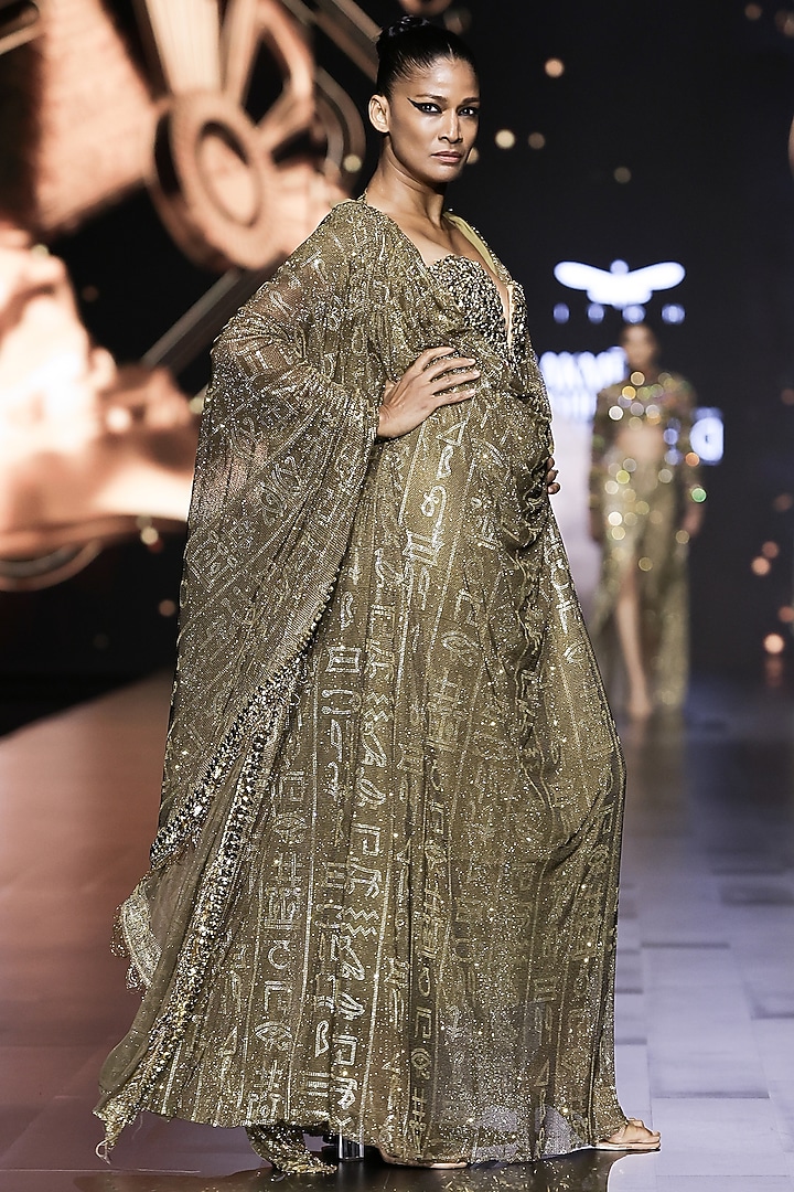 Gold Net Crystal Embellished Kaftan With Corset by ITRH at Pernia's Pop Up Shop
