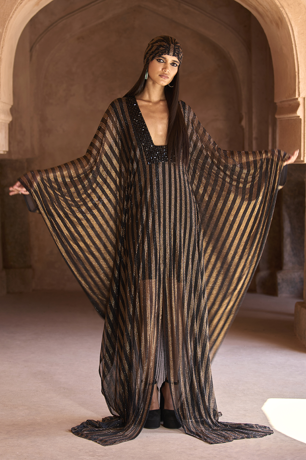 Black & Gold Net Embellished Kaftan Set by ITRH at Pernia's Pop Up Shop