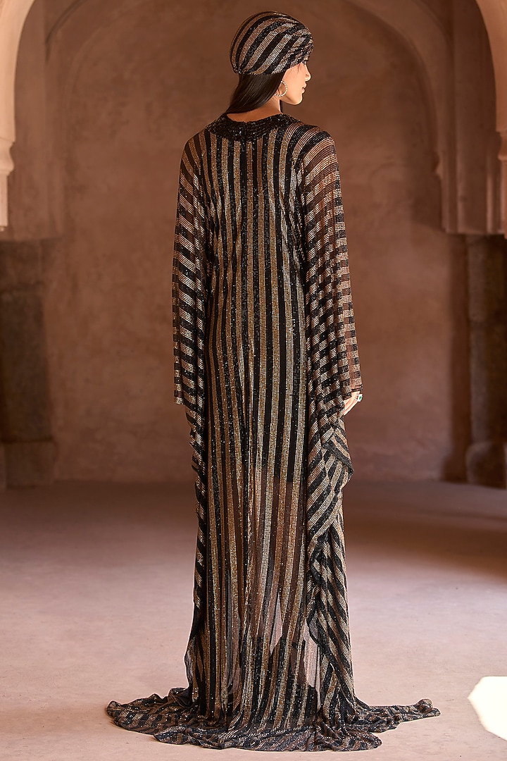 Black & Gold Net Embellished Kaftan Set by ITRH at Pernia's Pop Up Shop