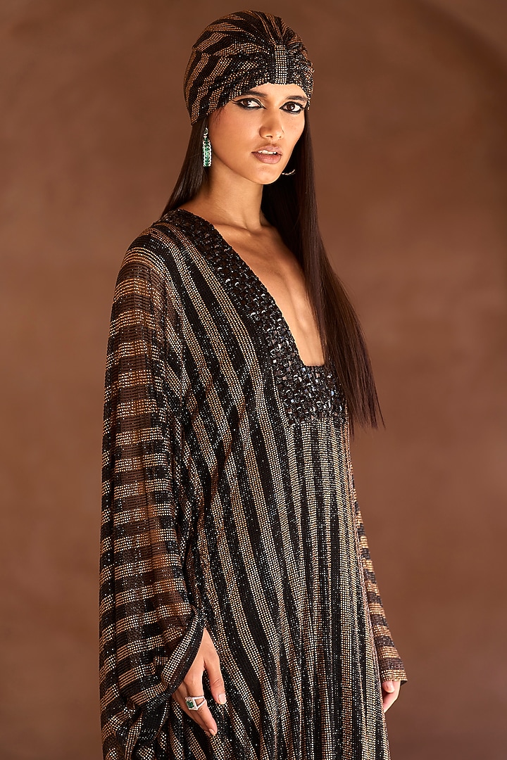 Black & Gold Net Embellished Kaftan Set by ITRH at Pernia's Pop Up Shop