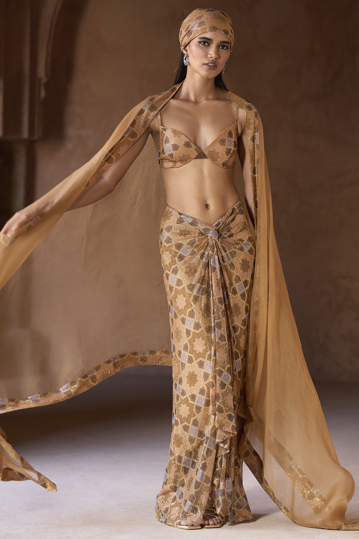 Nude Net Printed & Embellished Draped Skirt Set by ITRH at Pernia's Pop Up Shop