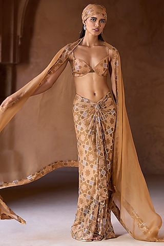 Nude Net Printed & Embellished Draped Skirt Set by ITRH