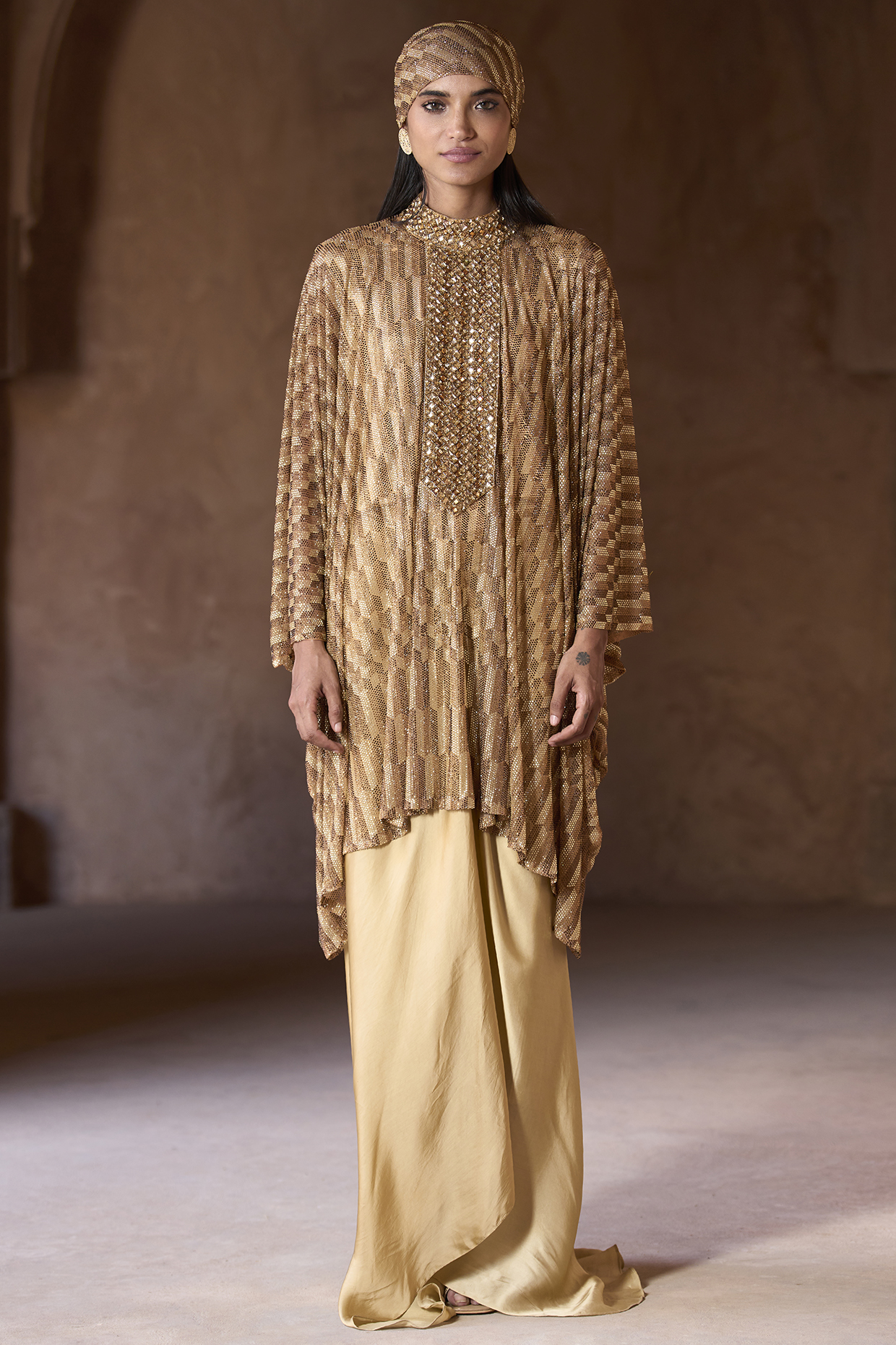 Gold Net Embellished & Printed Tunic Set by ITRH at Pernia's Pop Up Shop
