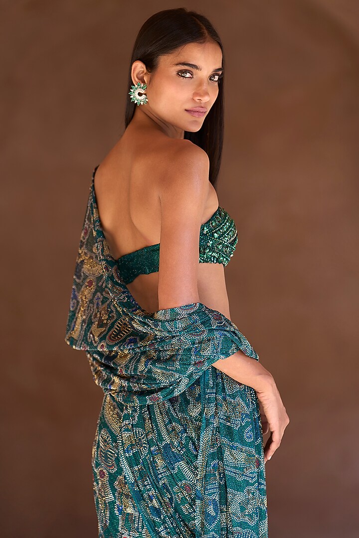 Green Net Printed Skirt Bridal Saree Set by ITRH at Pernia's Pop Up Shop