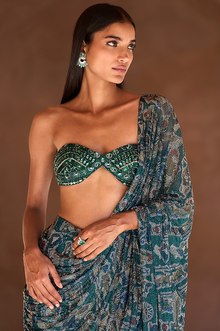 Green Net Printed Skirt Bridal Saree Set by ITRH at Pernia's Pop Up Shop