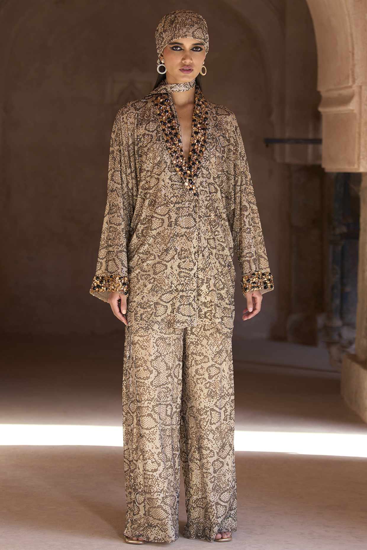 Gold Net Crystal Embellished & Printed Tunic Set by ITRH at Pernia's Pop Up Shop
