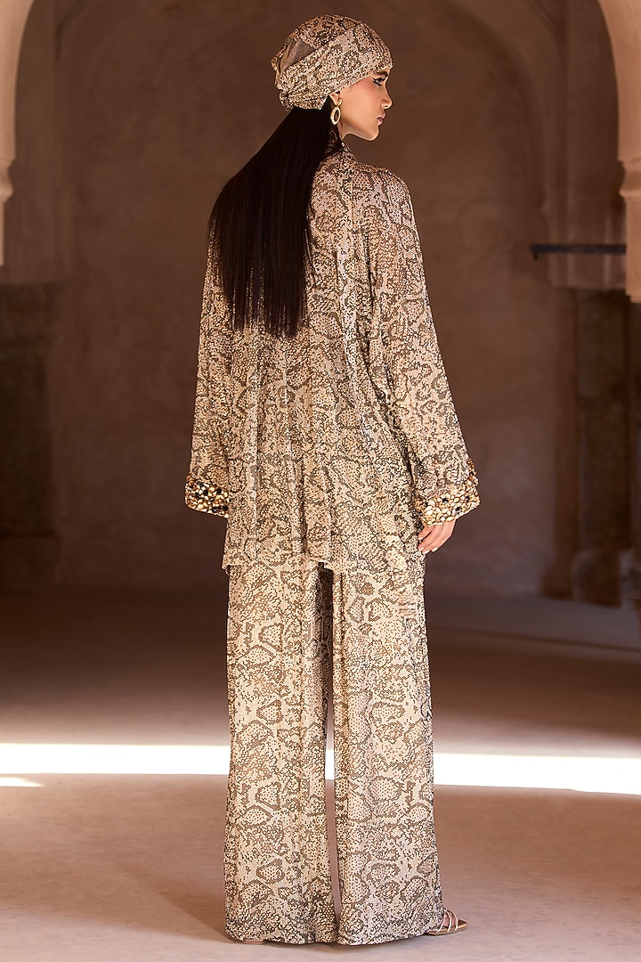 Gold Net Crystal Embellished & Printed Tunic Set by ITRH at Pernia's Pop Up Shop