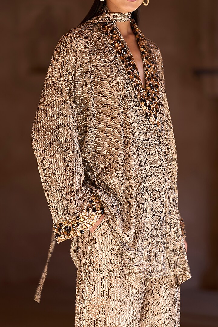 Gold Net Crystal Embellished & Printed Tunic Set by ITRH at Pernia's Pop Up Shop