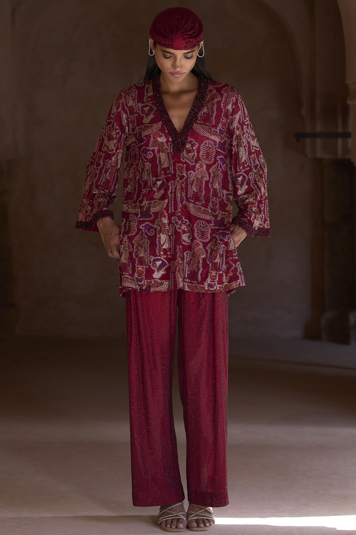 Maroon Net Crystal Embellished & Printed Tunic Set by ITRH at Pernia's Pop Up Shop