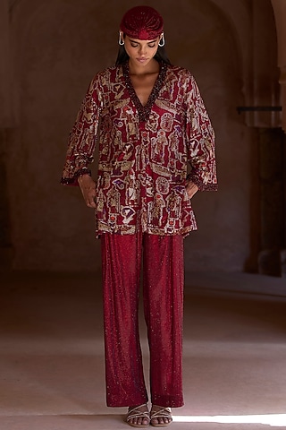 Maroon Net Crystal Embellished & Printed Tunic Set by ITRH