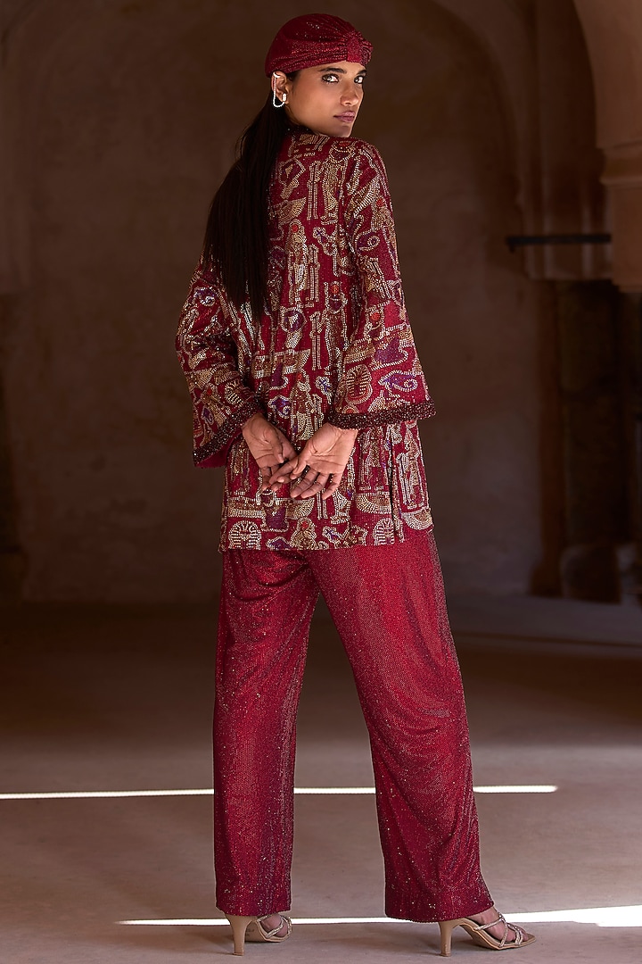Maroon Net Crystal Embellished & Printed Tunic Set by ITRH at Pernia's Pop Up Shop