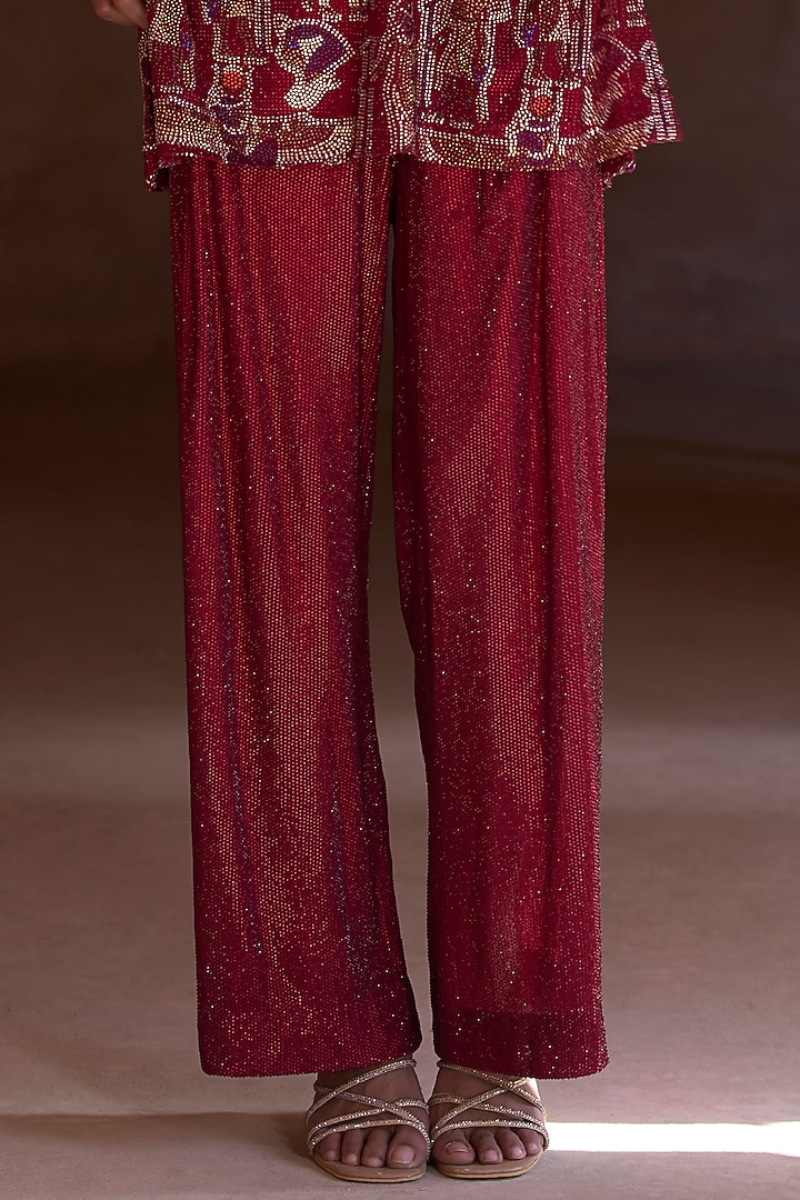 Maroon Net Crystal Embellished & Printed Tunic Set by ITRH at Pernia's Pop Up Shop