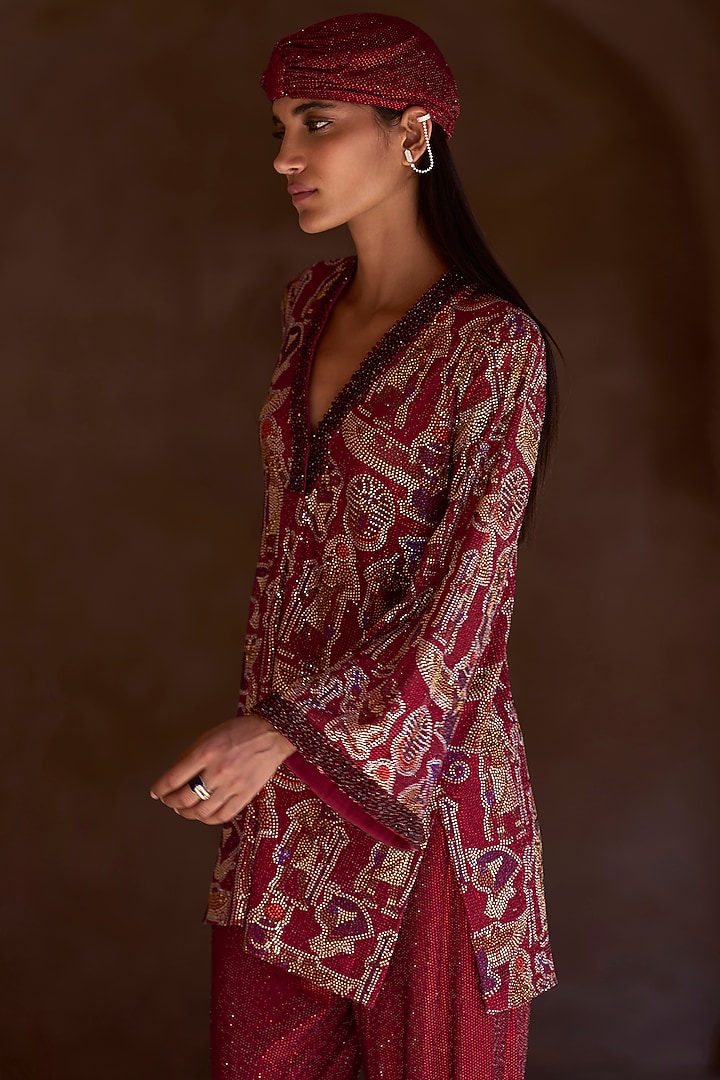 Maroon Net Crystal Embellished & Printed Tunic Set by ITRH at Pernia's Pop Up Shop