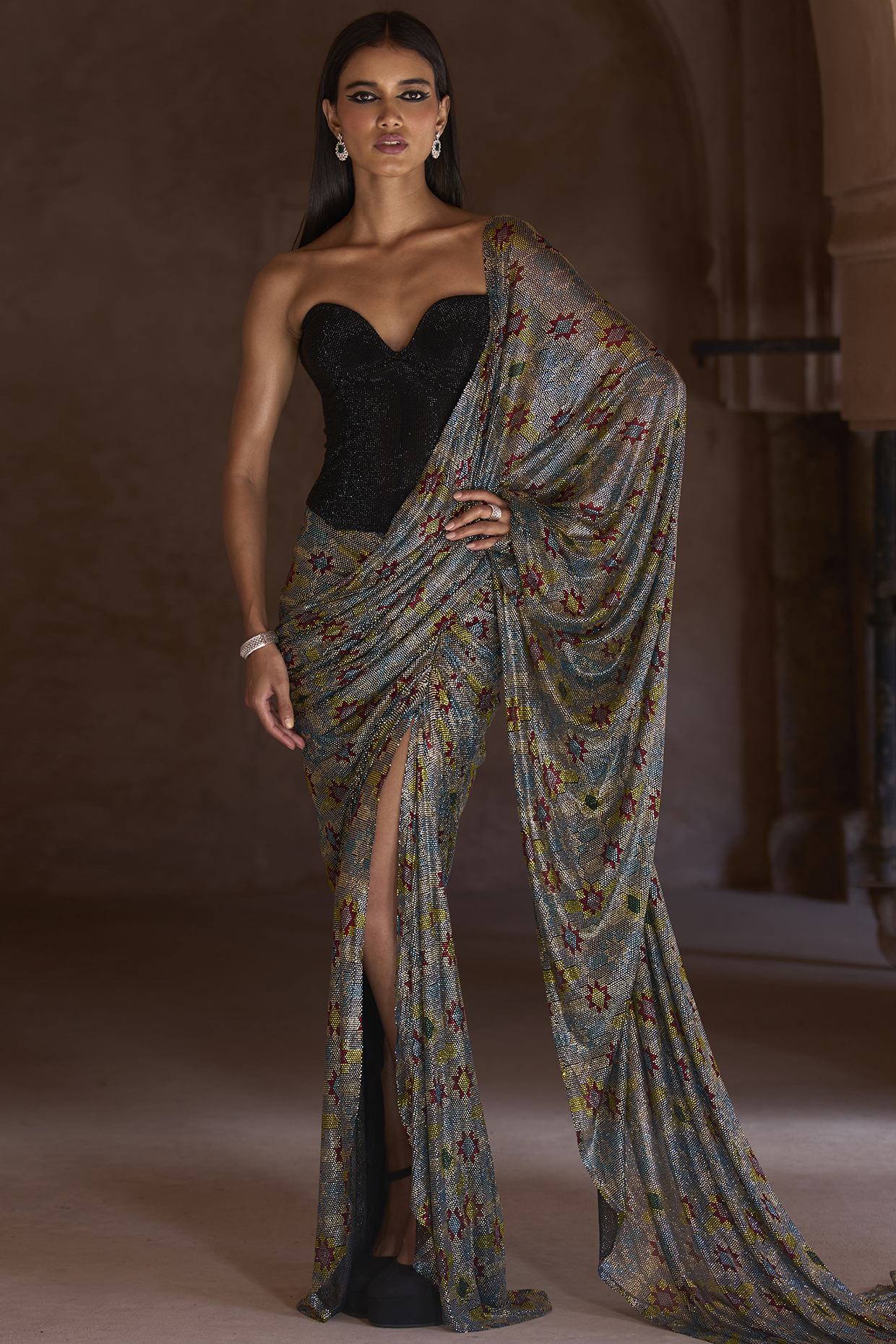 Silver Net Floral Printed Draped Skirt Bridal Saree Set by ITRH at Pernia's Pop Up Shop