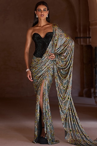 Silver Net Floral Printed Draped Skirt Saree Set by ITRH