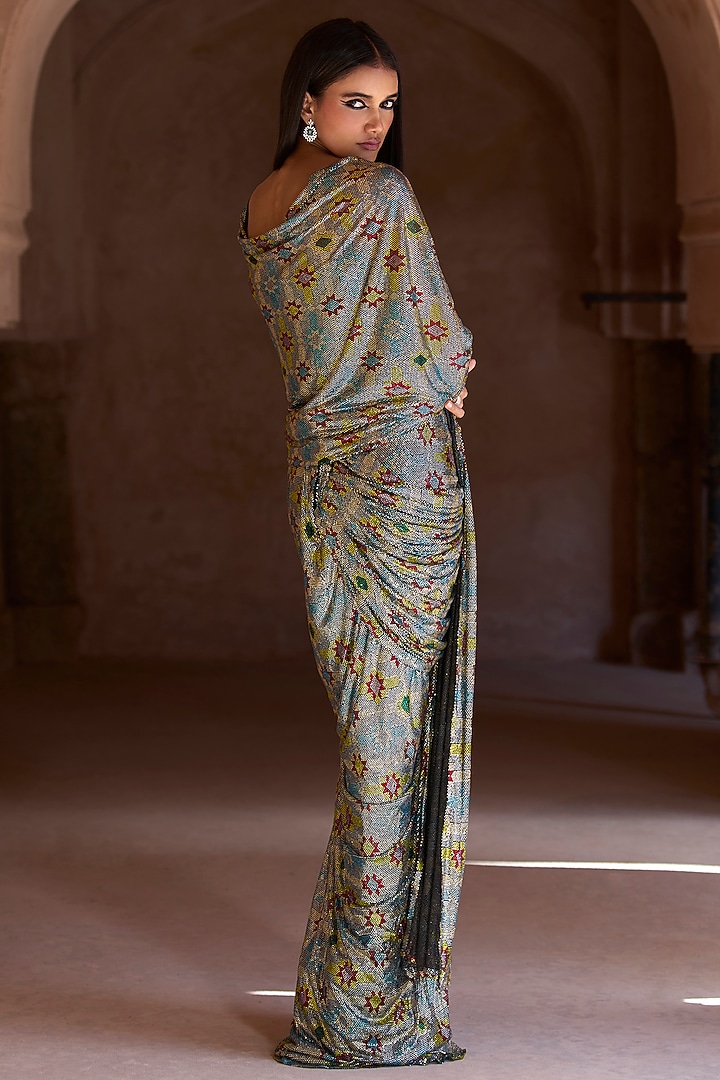 Silver Net Floral Printed Draped Skirt Bridal Saree Set by ITRH at Pernia's Pop Up Shop