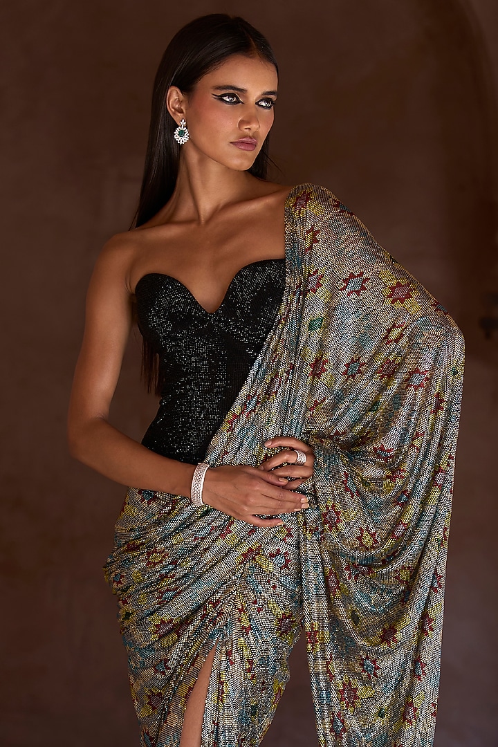 Silver Net Floral Printed Draped Skirt Bridal Saree Set by ITRH at Pernia's Pop Up Shop