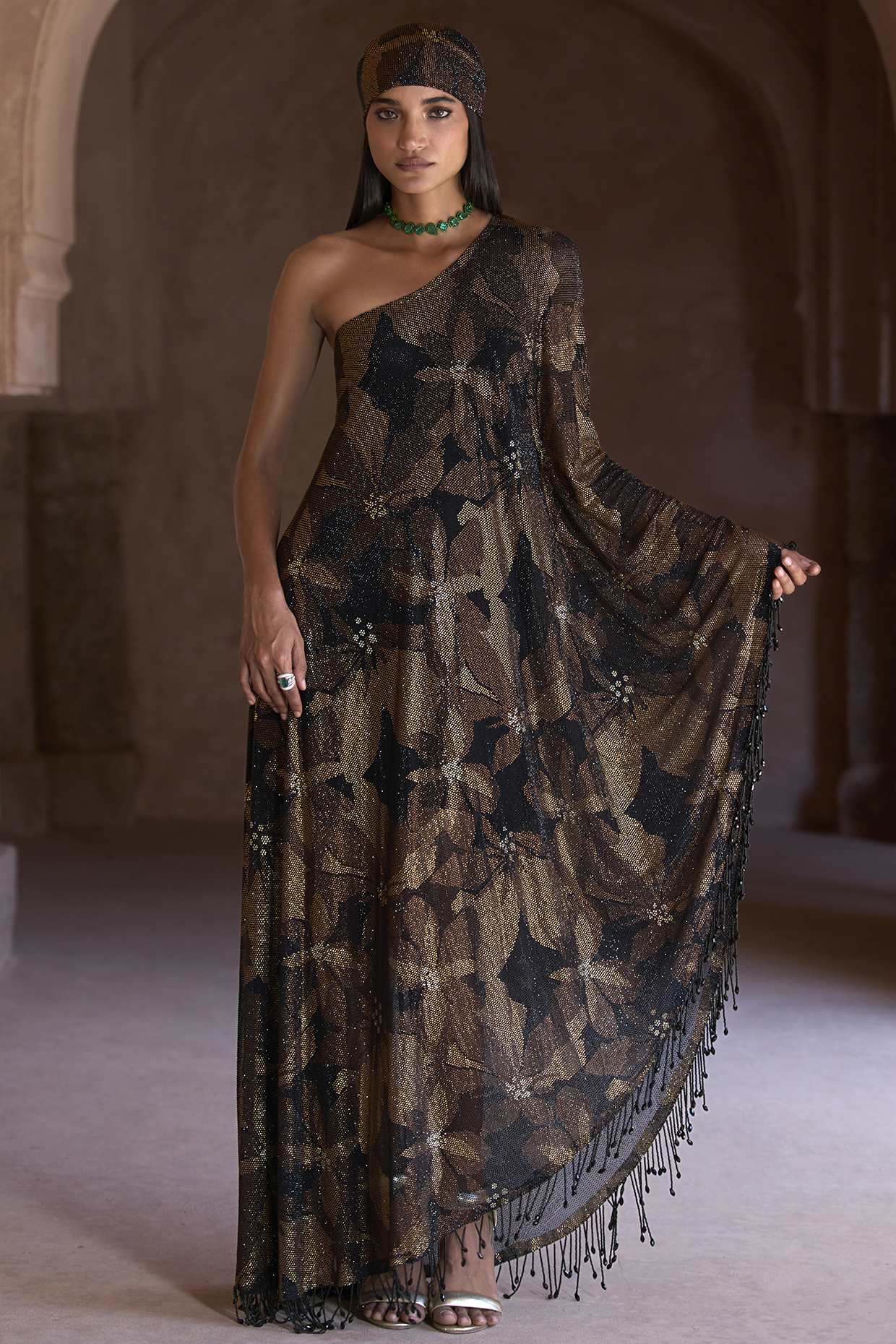 Black & Gold Net Embellished Kaftan Set by ITRH at Pernia's Pop Up Shop