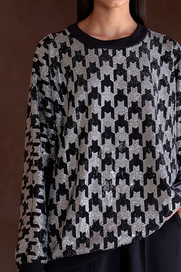 Black & Silver Roma Crystal Embellished Oversized Sweatshirt Party Wear Dress by ITRH at Pernia's Pop Up Shop