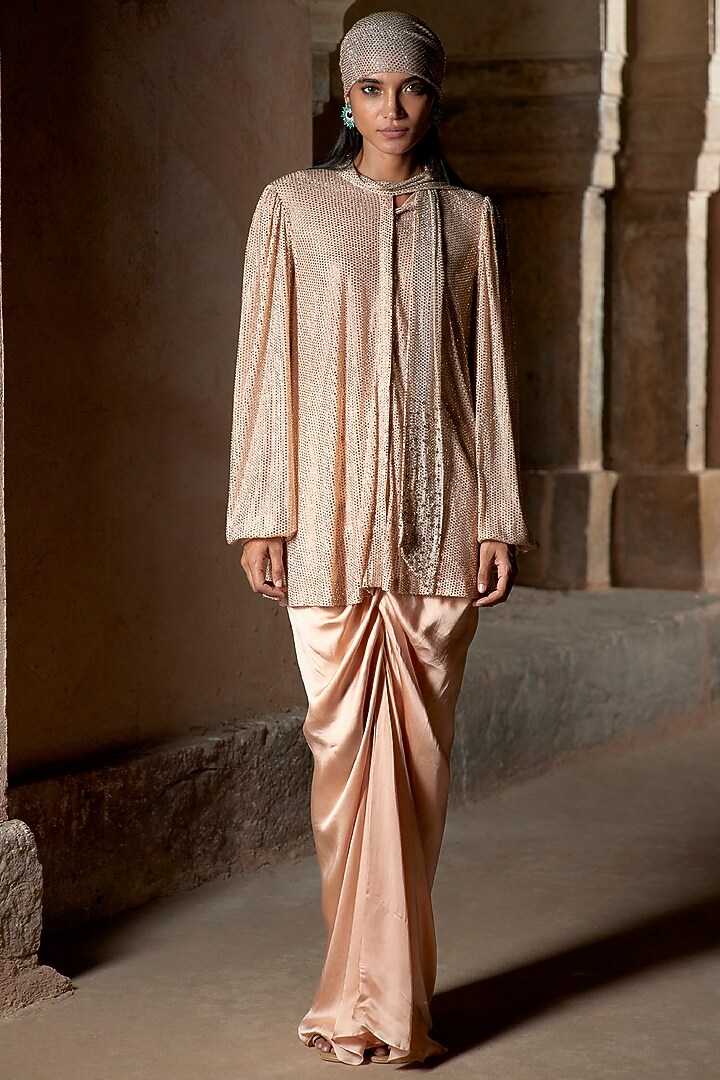 Nude Satin Draped Skirt Set by ITRH at Pernia's Pop Up Shop