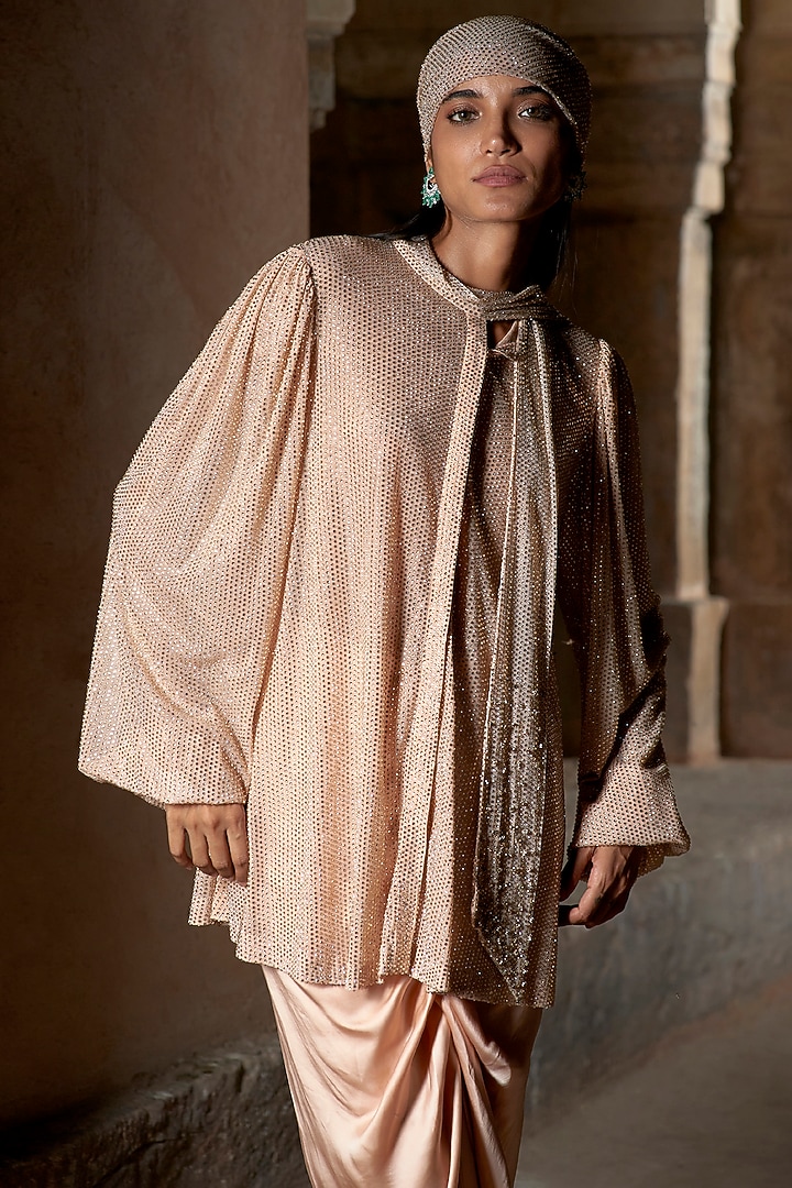 Nude Satin Draped Skirt Set by ITRH at Pernia's Pop Up Shop