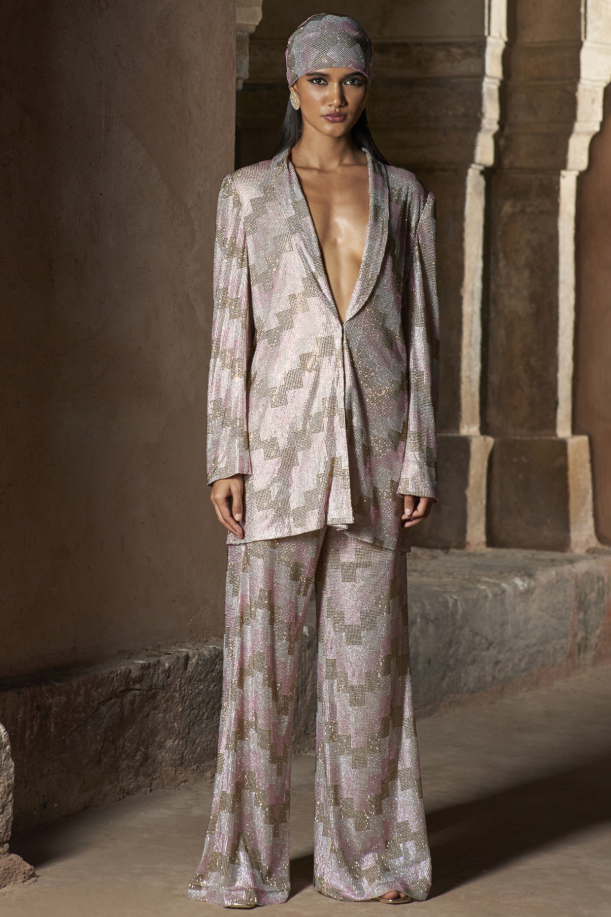 Pink Net Crystal Embellished & Printed Blazer Set by ITRH at Pernia's Pop Up Shop