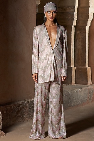 Pink Net Crystal Embellished & Printed Blazer Set by ITRH
