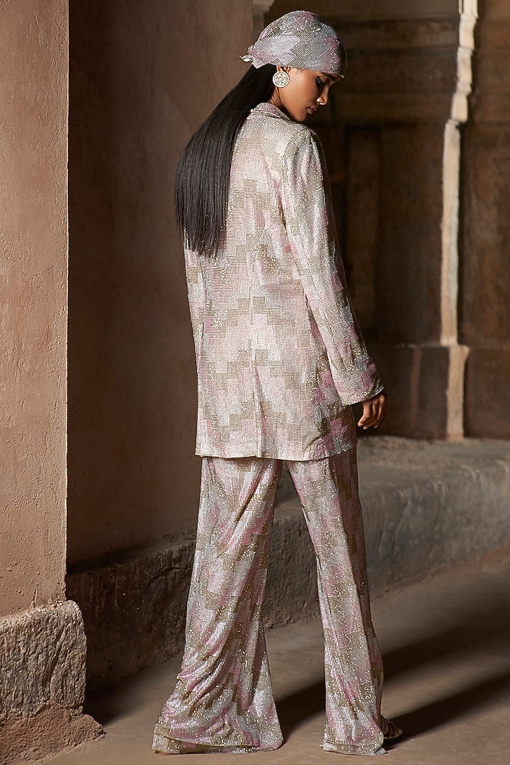 Pink Net Crystal Embellished & Printed Blazer Set by ITRH at Pernia's Pop Up Shop