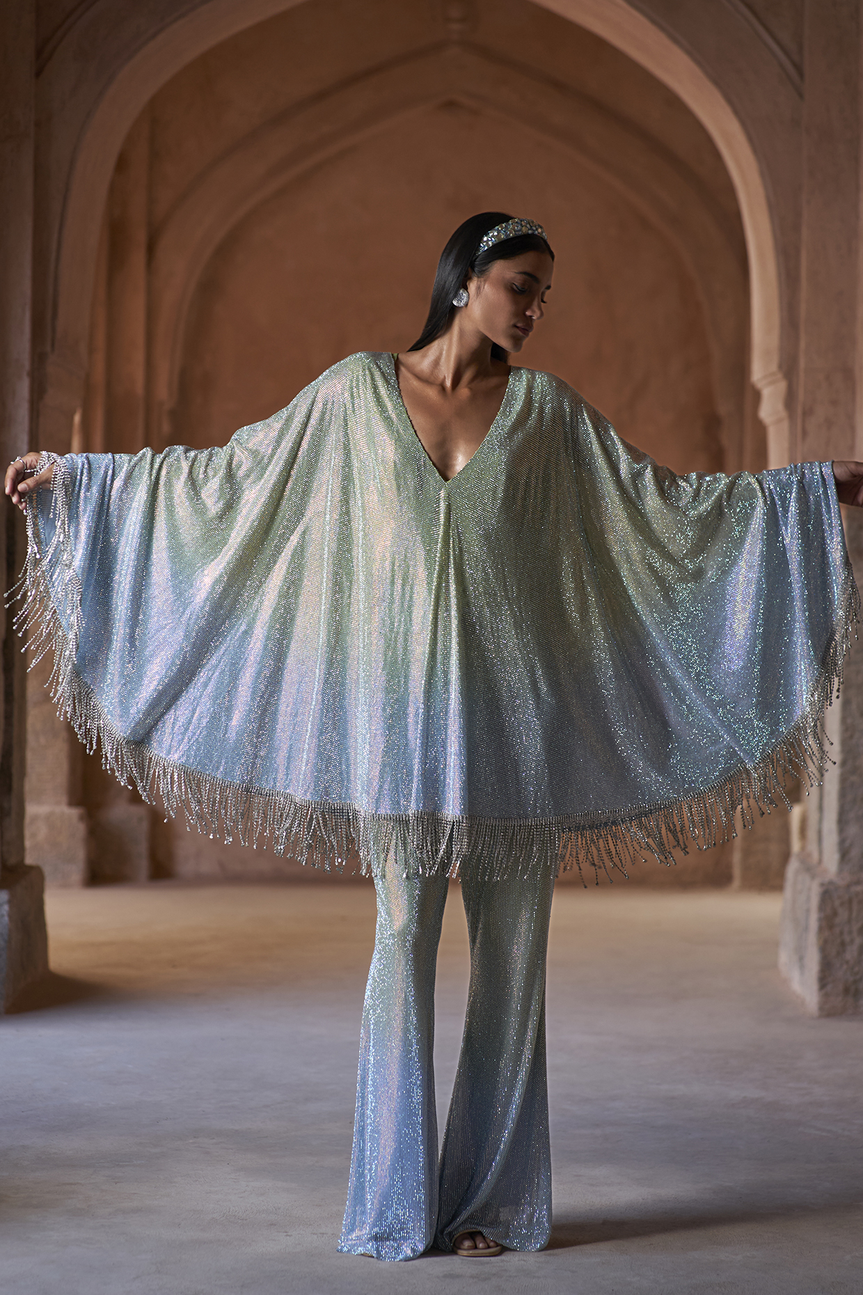 Mint Green & Powder Blue Ombre Net Embellished Kaftan Set by ITRH at Pernia's Pop Up Shop