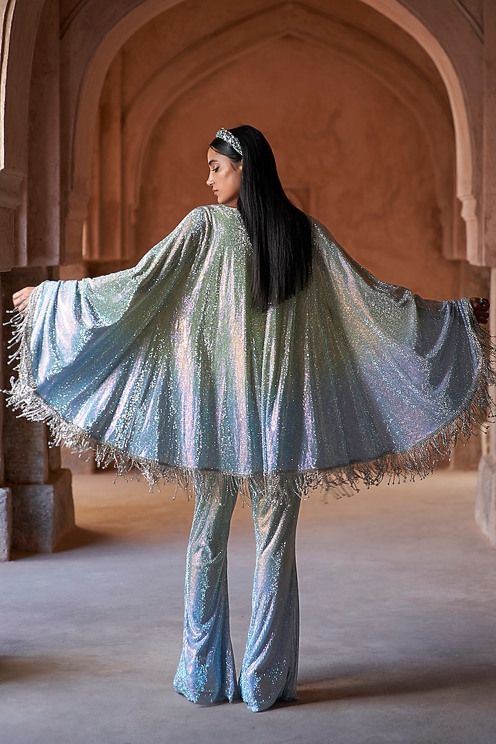 Mint Green & Powder Blue Ombre Net Embellished Kaftan Set by ITRH at Pernia's Pop Up Shop