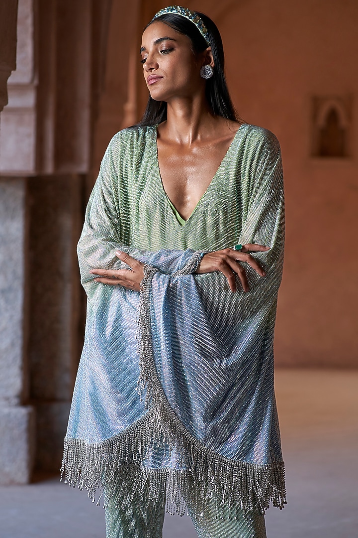 Mint Green & Powder Blue Ombre Net Embellished Kaftan Set by ITRH at Pernia's Pop Up Shop
