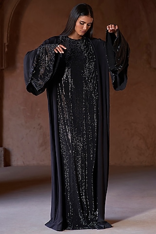 Black Net & Georgette Crystal Embellished Abaya Set by ITRH