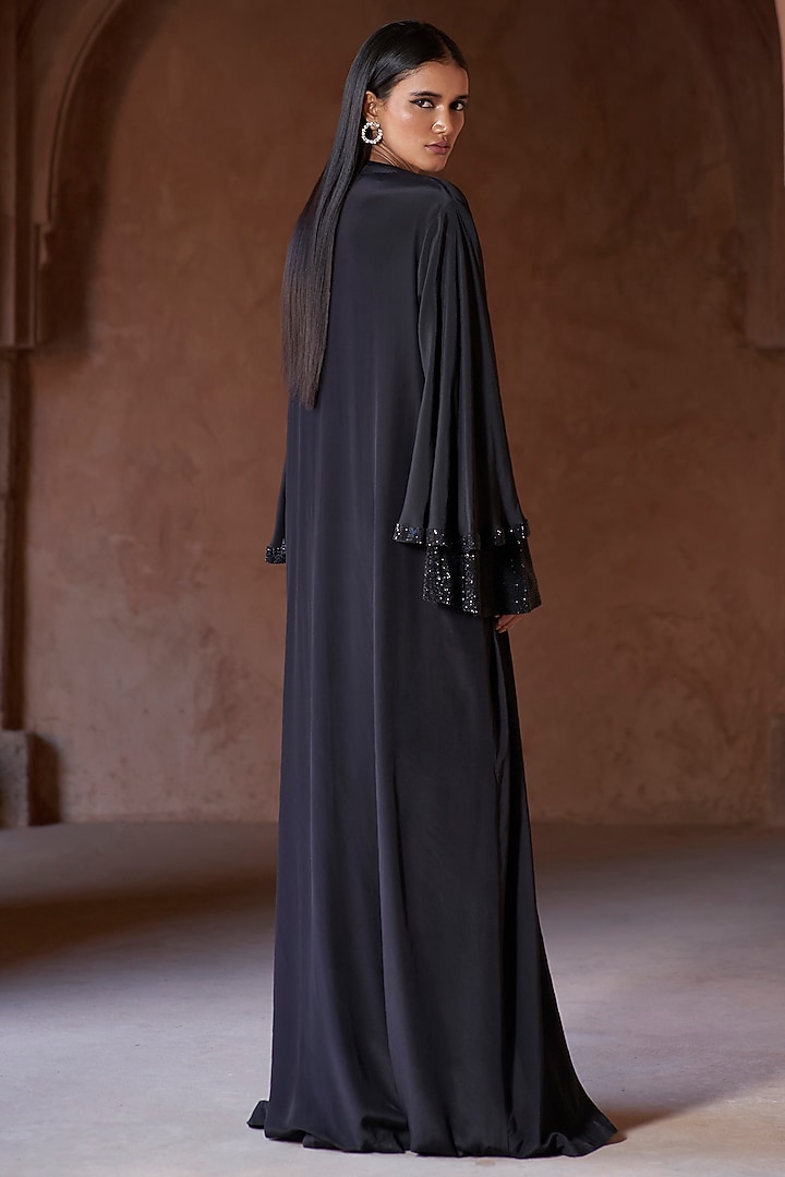 Black Net & Georgette Crystal Embellished Abaya Set by ITRH at Pernia's Pop Up Shop