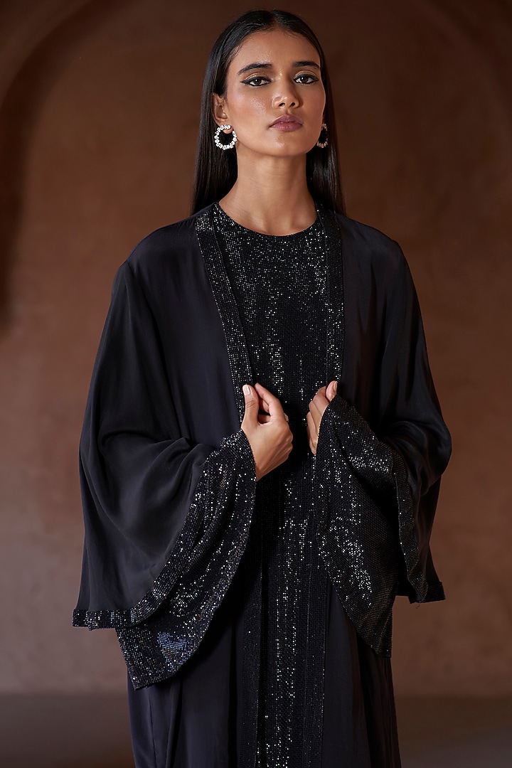 Black Net & Georgette Crystal Embellished Abaya Set by ITRH at Pernia's Pop Up Shop
