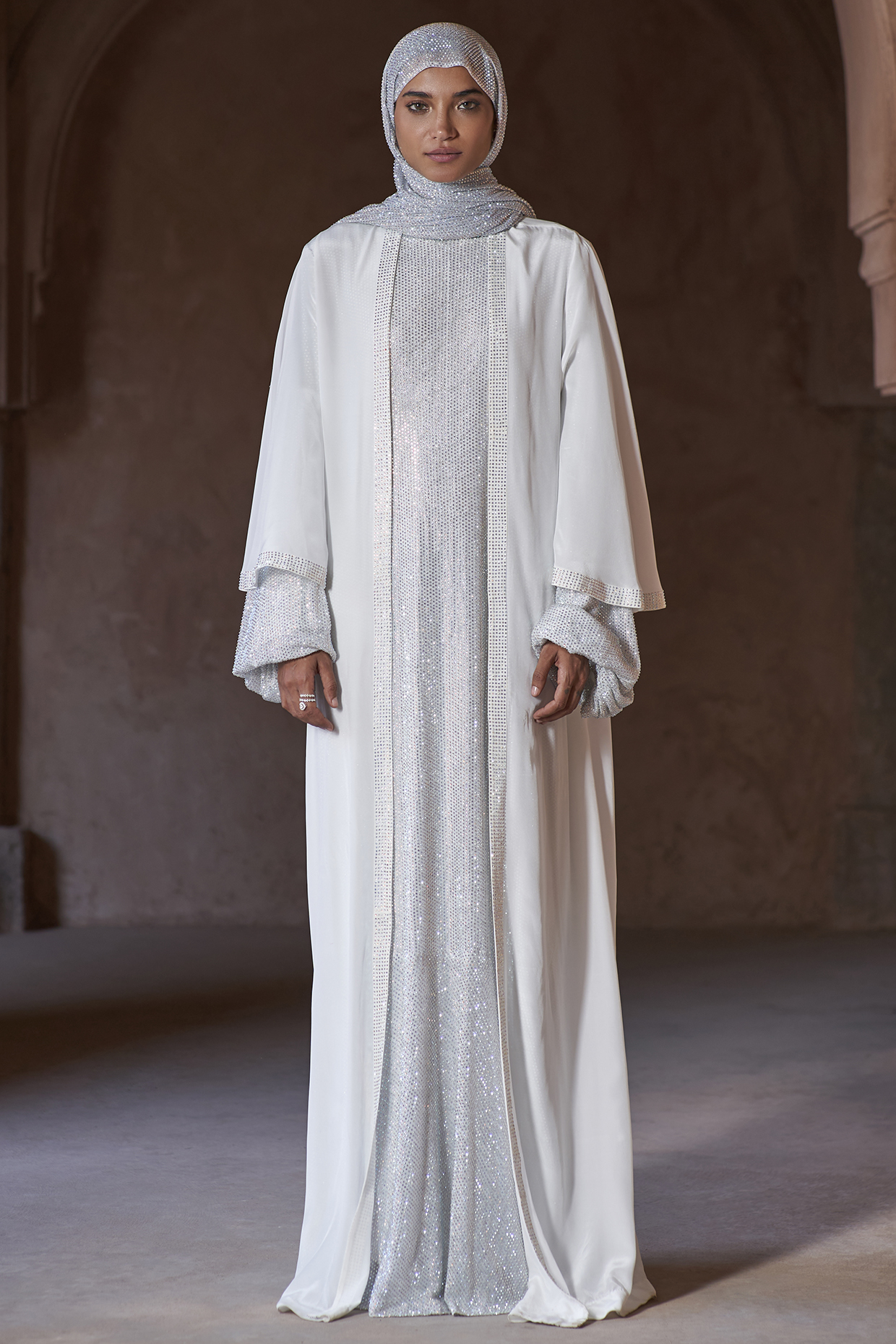 White Net & Georgette Crystal Embellished Abaya Set by ITRH at Pernia's Pop Up Shop
