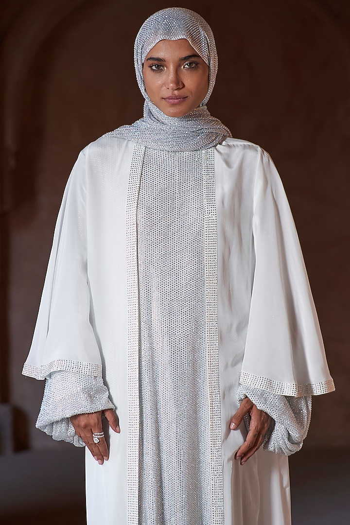 White Net & Georgette Crystal Embellished Abaya Set by ITRH at Pernia's Pop Up Shop