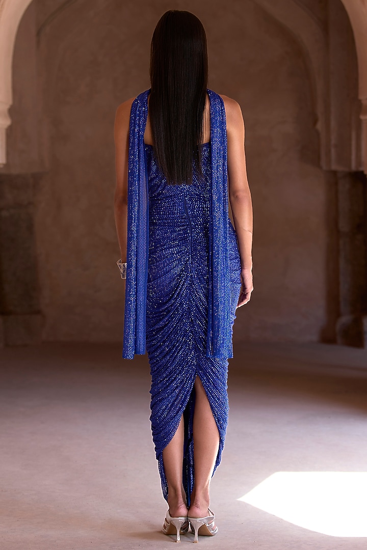 Electric Blue Net Crystal Embellished Ruched Bridal Gown With Stole by ITRH at Pernia's Pop Up Shop