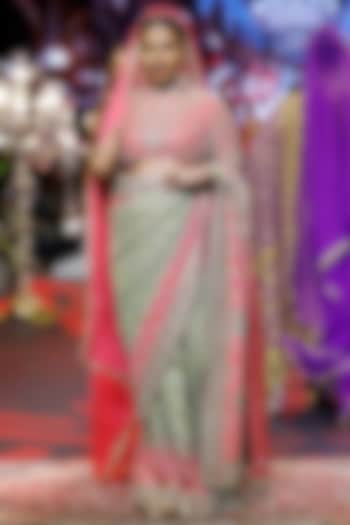 Pink & Green Ombre Georgette Embroidered Bridal Saree Set by ITRH at Pernia's Pop Up Shop