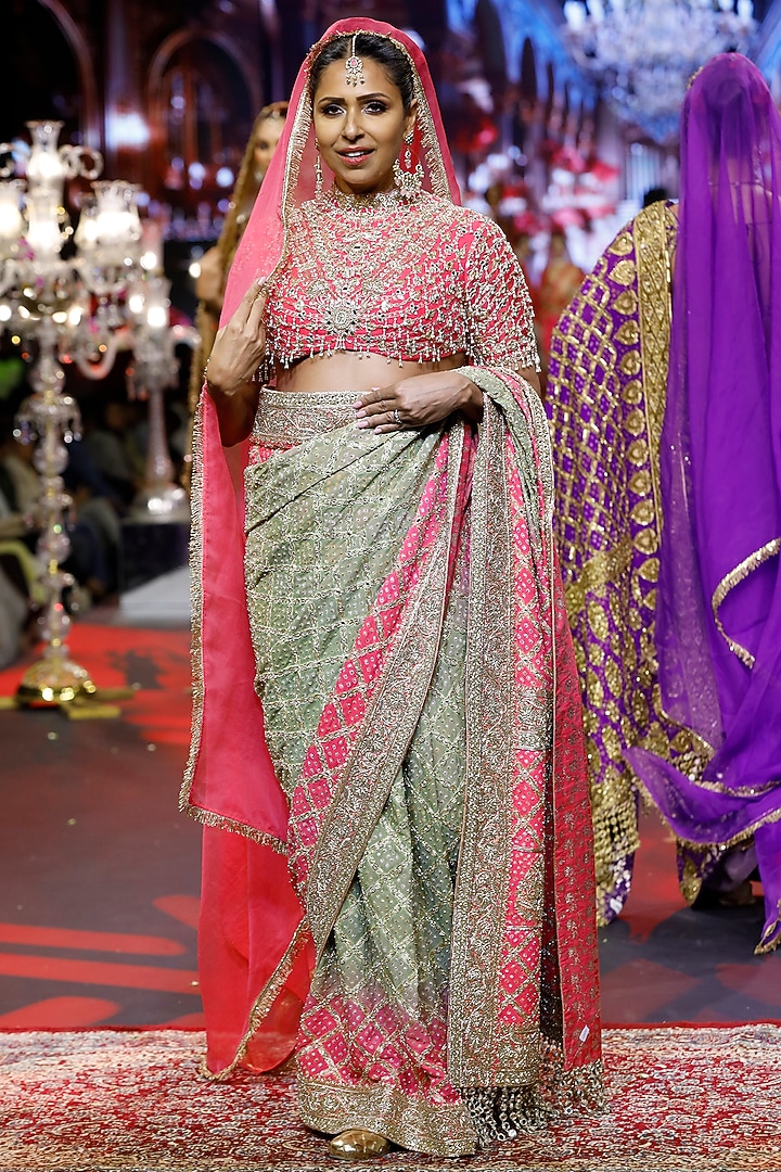 Pink & Green Ombre Georgette Embroidered Bridal Saree Set by ITRH at Pernia's Pop Up Shop
