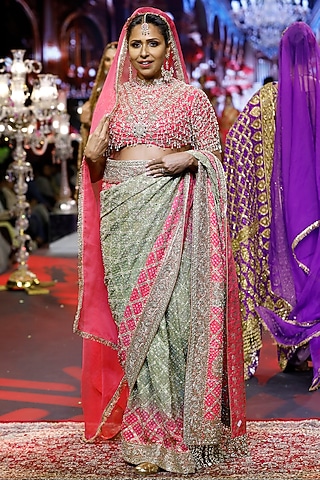 Pink & Green Ombre Georgette Embroidered Saree Set by ITRH