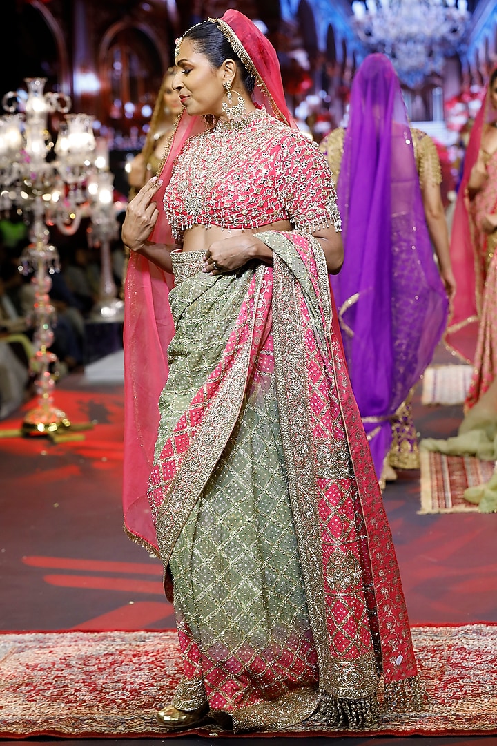 Pink & Green Ombre Georgette Embroidered Bridal Saree Set by ITRH at Pernia's Pop Up Shop