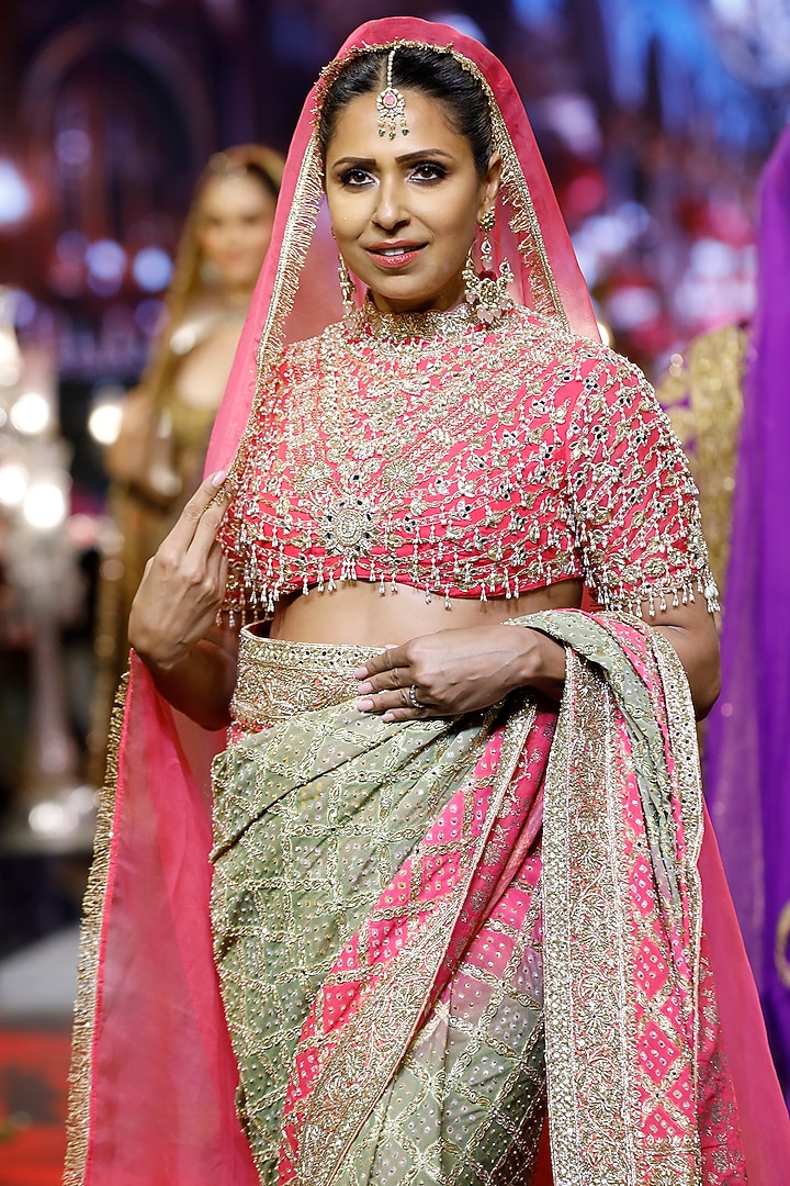 Pink & Green Ombre Georgette Embroidered Bridal Saree Set by ITRH at Pernia's Pop Up Shop