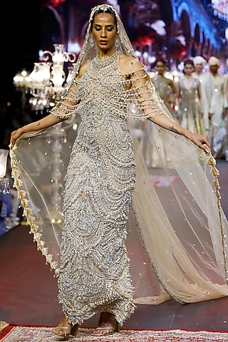Nude Net Mirror & Stone Embellished Gown With Veil by ITRH