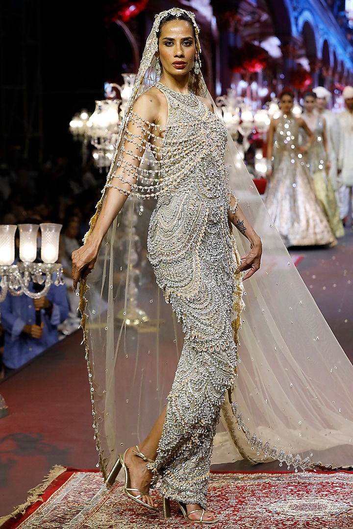 Nude Net Mirror & Stone Embellished Bridal Gown With Veil by ITRH at Pernia's Pop Up Shop