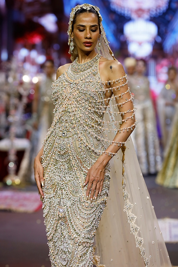 Nude Net Mirror & Stone Embellished Bridal Gown With Veil by ITRH at Pernia's Pop Up Shop