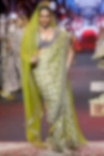 Yellow & Blue Tissue Hand Embroidered Bridal Saree Set by ITRH at Pernia's Pop Up Shop