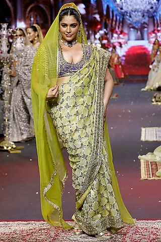 Yellow & Blue Tissue Hand Embroidered Saree Set by ITRH